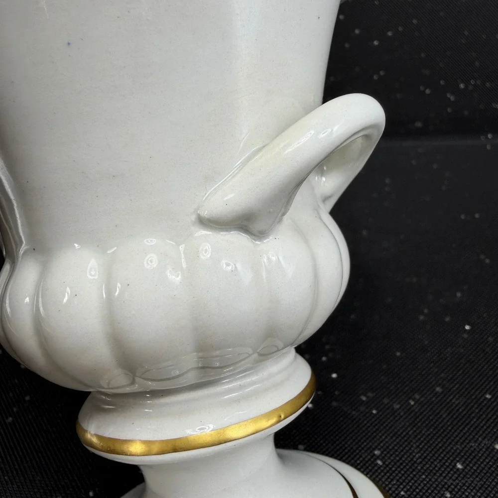 Mottahedeh Italy Porcelain Footed Urn Vase Bowl White Gold Trim Double Handle